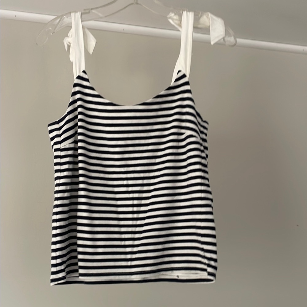 Striped Navy Blue and White Women's Tie Shoulder Top